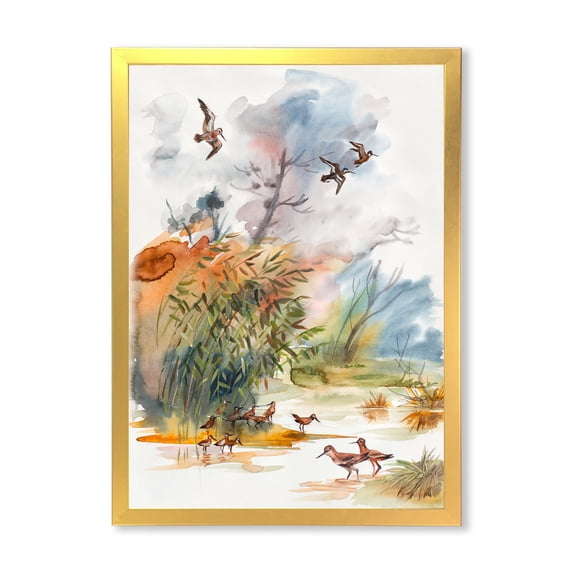 Designart 'Flying Over The Water With Autumn Landscape' Traditional Framed Art Print