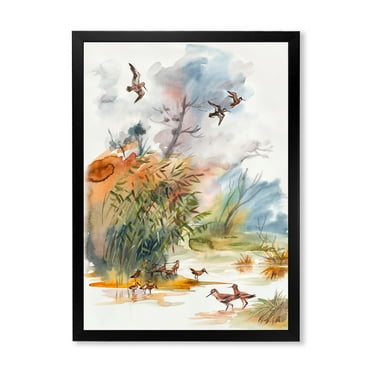 Designart 'Flying Over The Water With Autumn Landscape' Traditional Framed Art Print