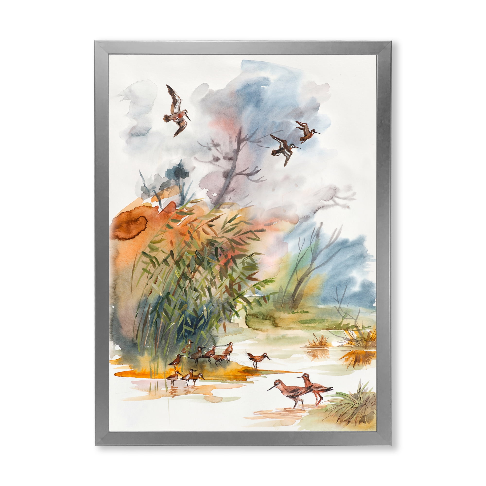 Designart 'Flying Over The Water With Autumn Landscape' Traditional Framed Art Print