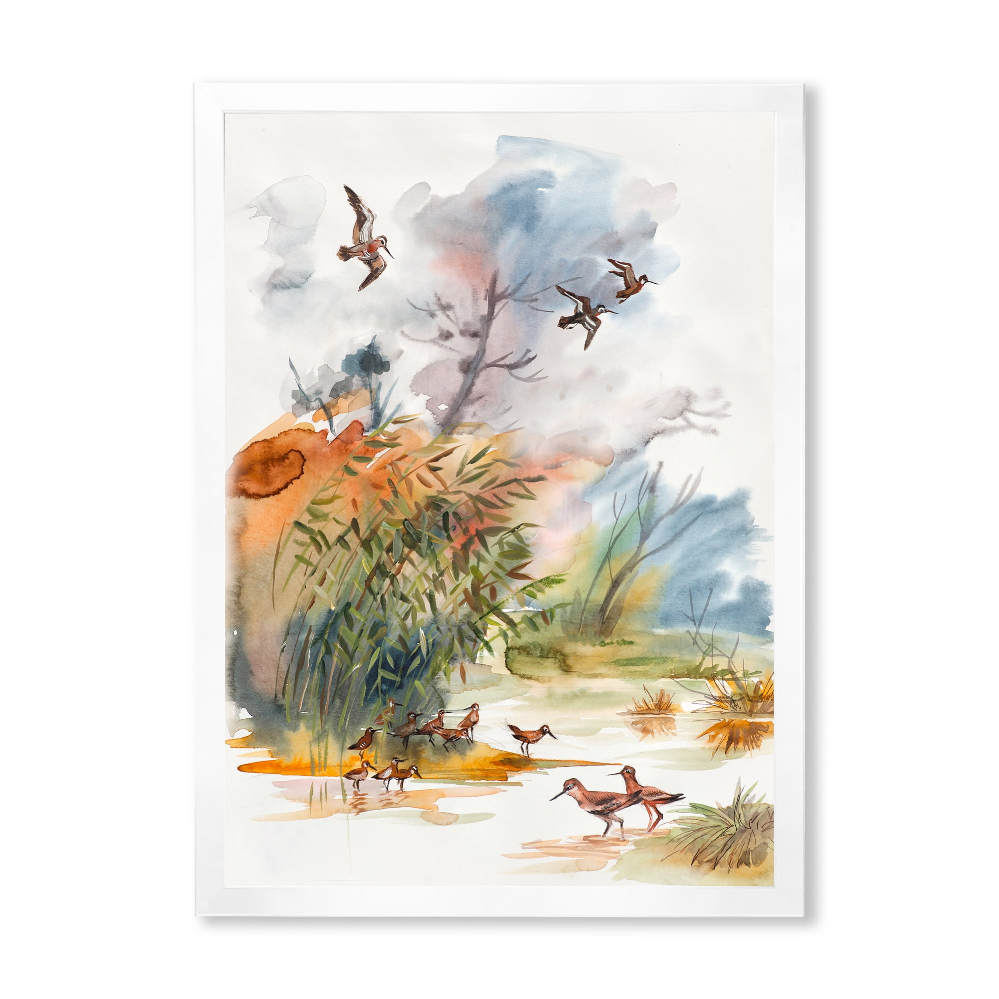 Designart 'Flying Over The Water With Autumn Landscape' Traditional Framed Art Print