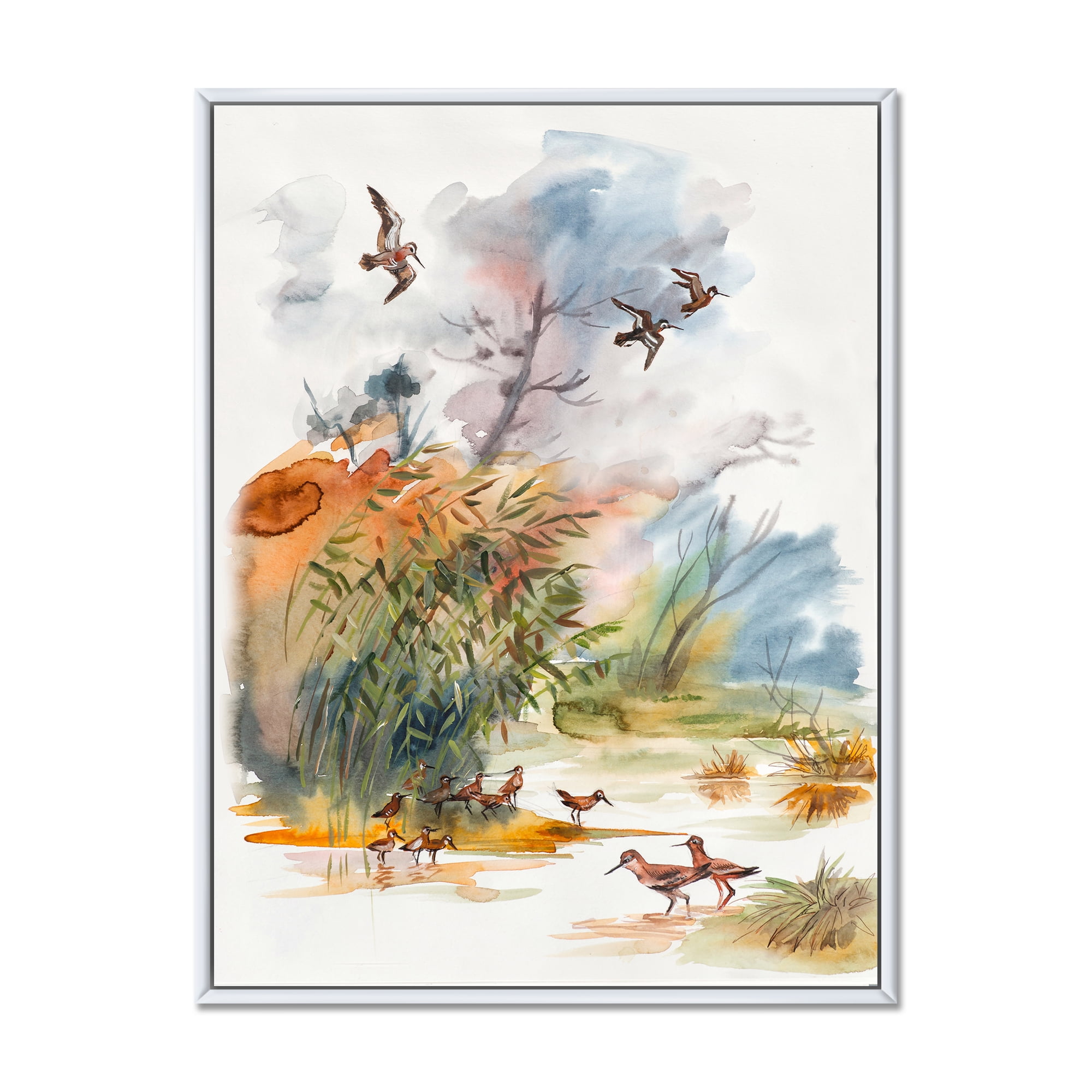 Designart 'Flying Over The Water With Autumn Landscape' Traditional Framed Canvas Wall Art Print
