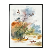 Designart 'Flying Over The Water With Autumn Landscape' Traditional Framed Canvas Wall Art Print