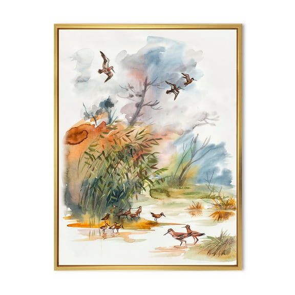 Designart 'Flying Over The Water With Autumn Landscape' Traditional Framed Canvas Wall Art Print