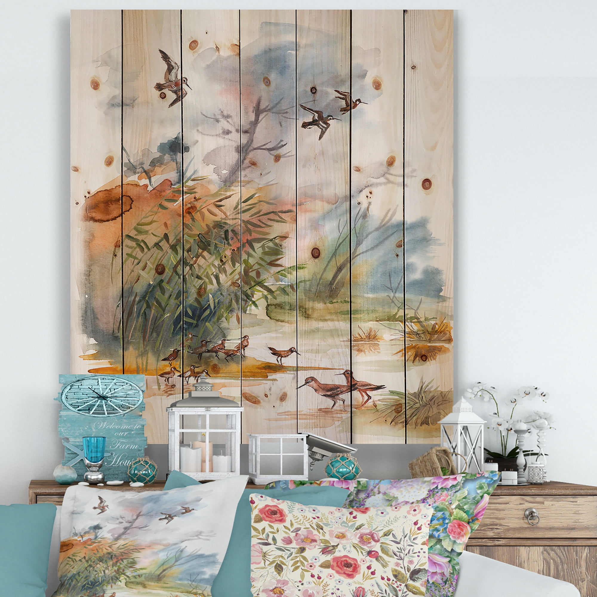 Designart 'Flying Over The Water With Autumn Landscape' Traditional Print on Natural Pine Wood