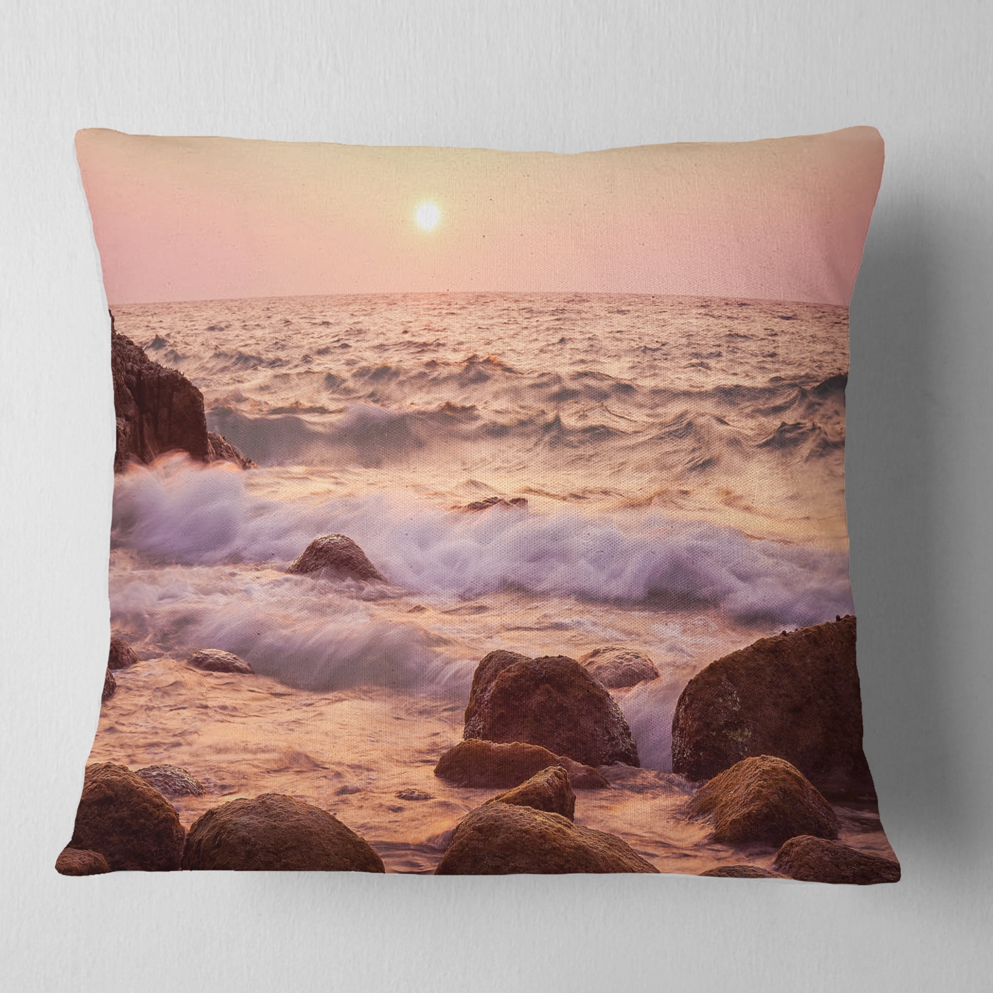 Designart Foam Waves Hitting Rocky Coast - Seashore Throw Pillow - 18x18