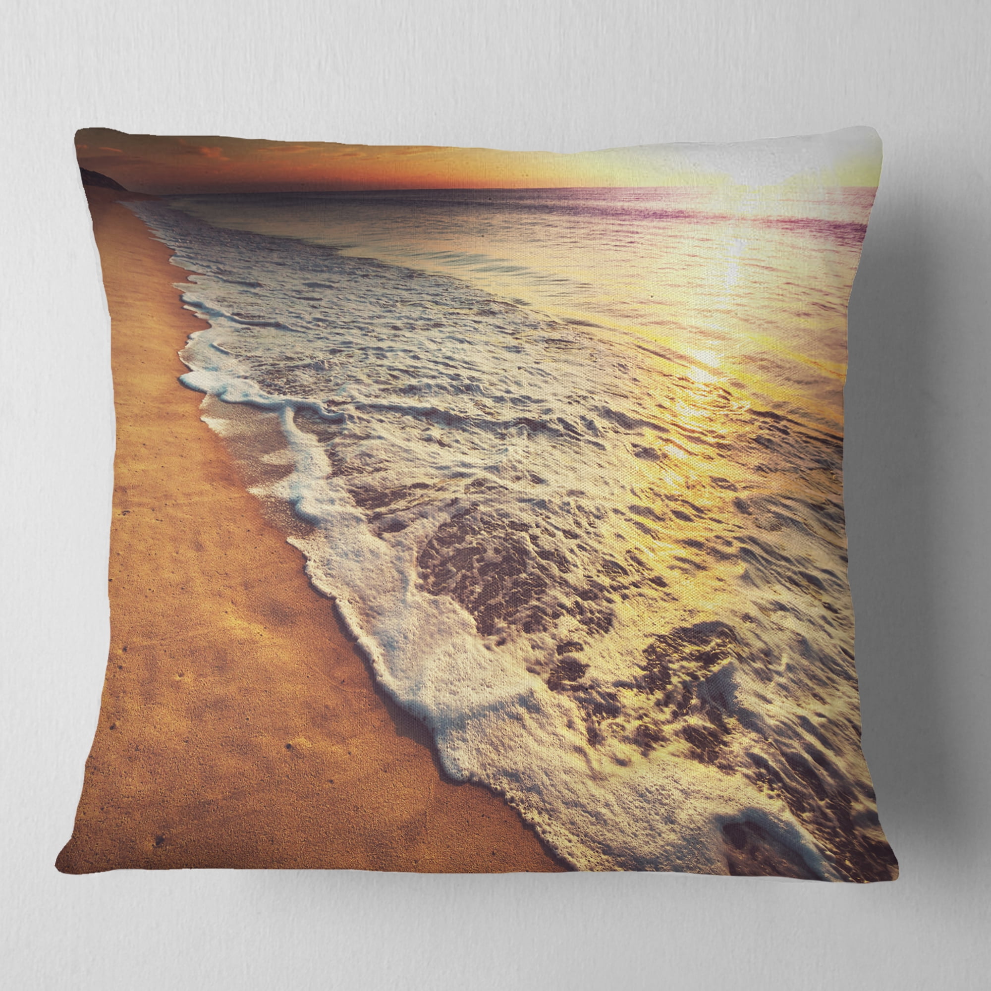 Designart Foaming Waves at Sea Sunset - Modern Beach Throw Pillow - 18x18