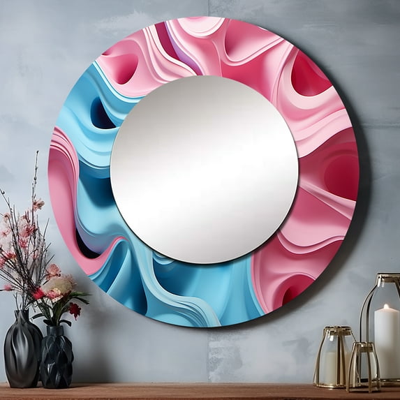 Designart "Focus Op Art in Blue and Pink" Abstract Round Mirror Wall Decor Modern - Large Blue Round Bathroom Mirror - Round Mirror - 36" x 36"