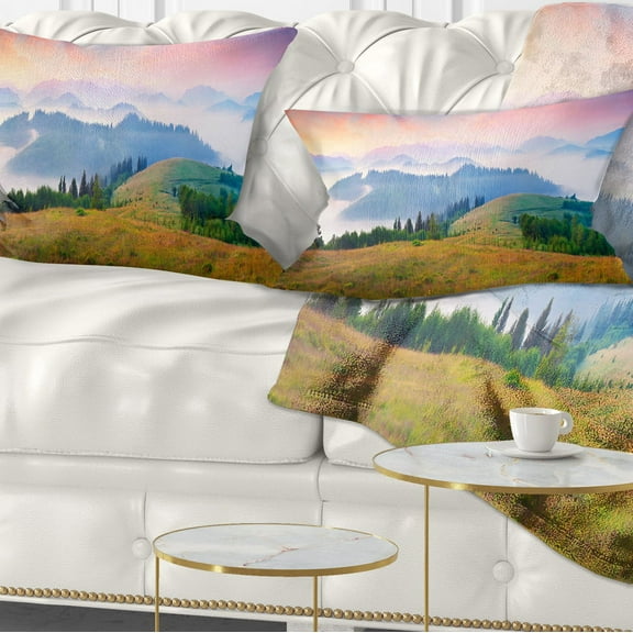 Designart Foggy Carpathian Panorama - Landscape Photo Throw Pillow - 12x20