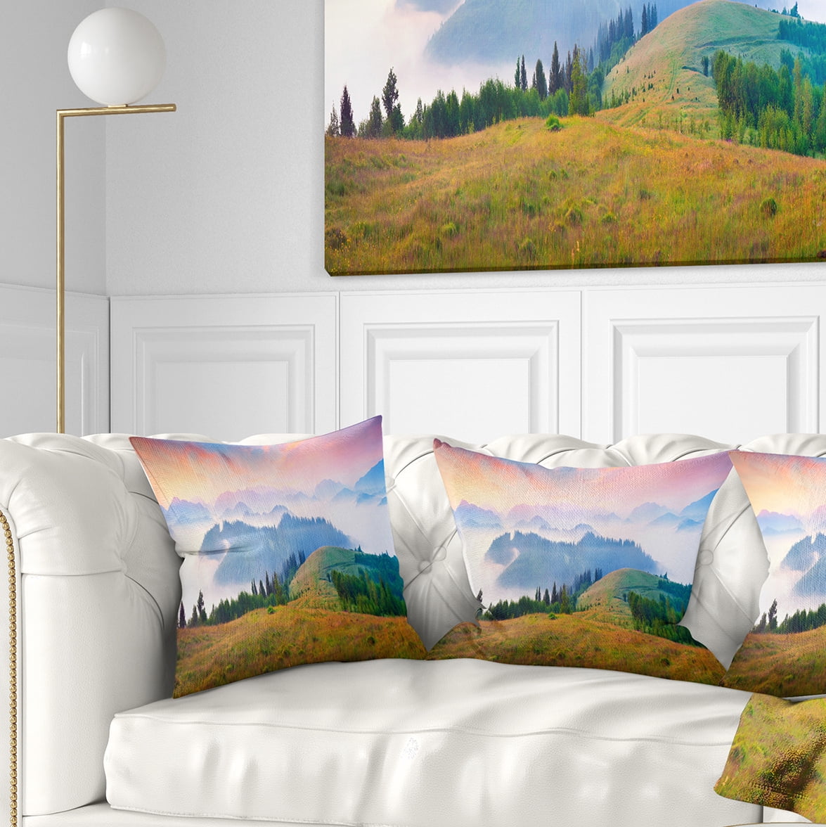 Designart Foggy Carpathian Panorama - Landscape Photo Throw Pillow - 18x18