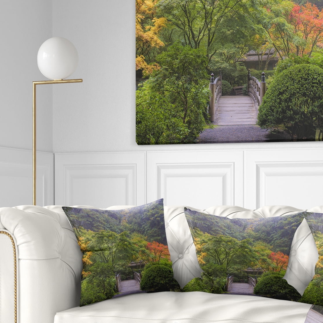 Designart Foggy Dawn in Japanese Garden - Landscape Photography Throw Pillow - 18x18