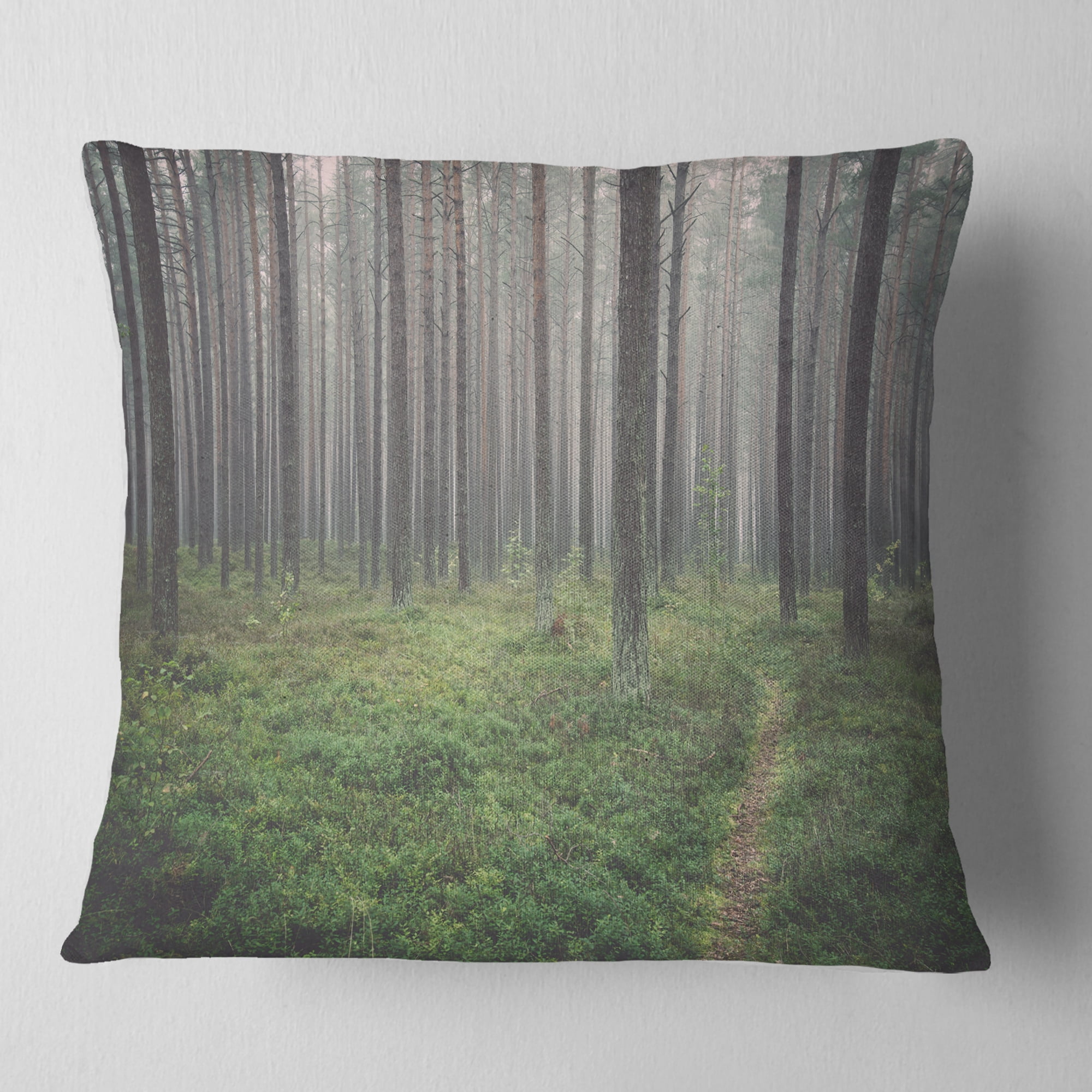 Designart Foggy Dense Forest with Grass - Modern Forest Throw Pillow - 18x18