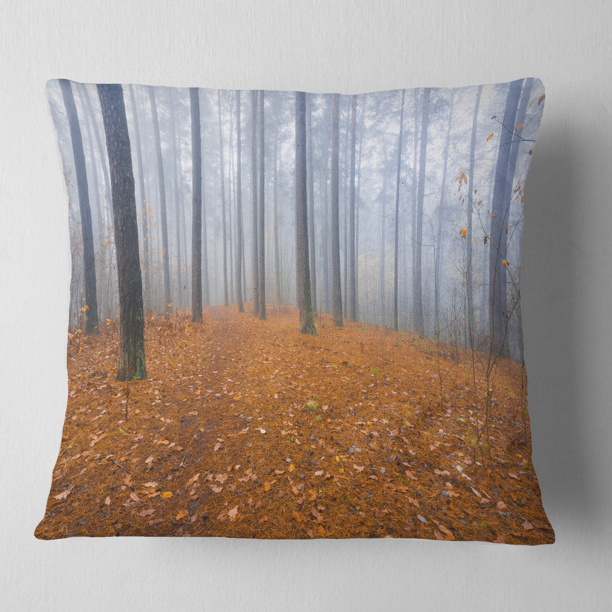 Designart Foggy Forest and Fallen Leaves - Modern Forest Throw Pillow - 18x18