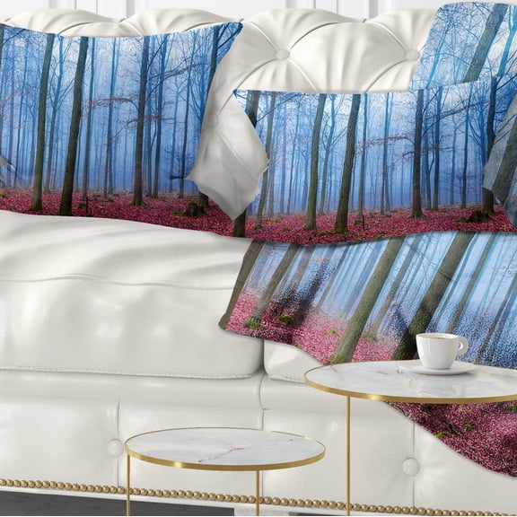 Designart Foggy Forest in Blue and Pink Photo - Modern Forest Throw Pillow - 12x20