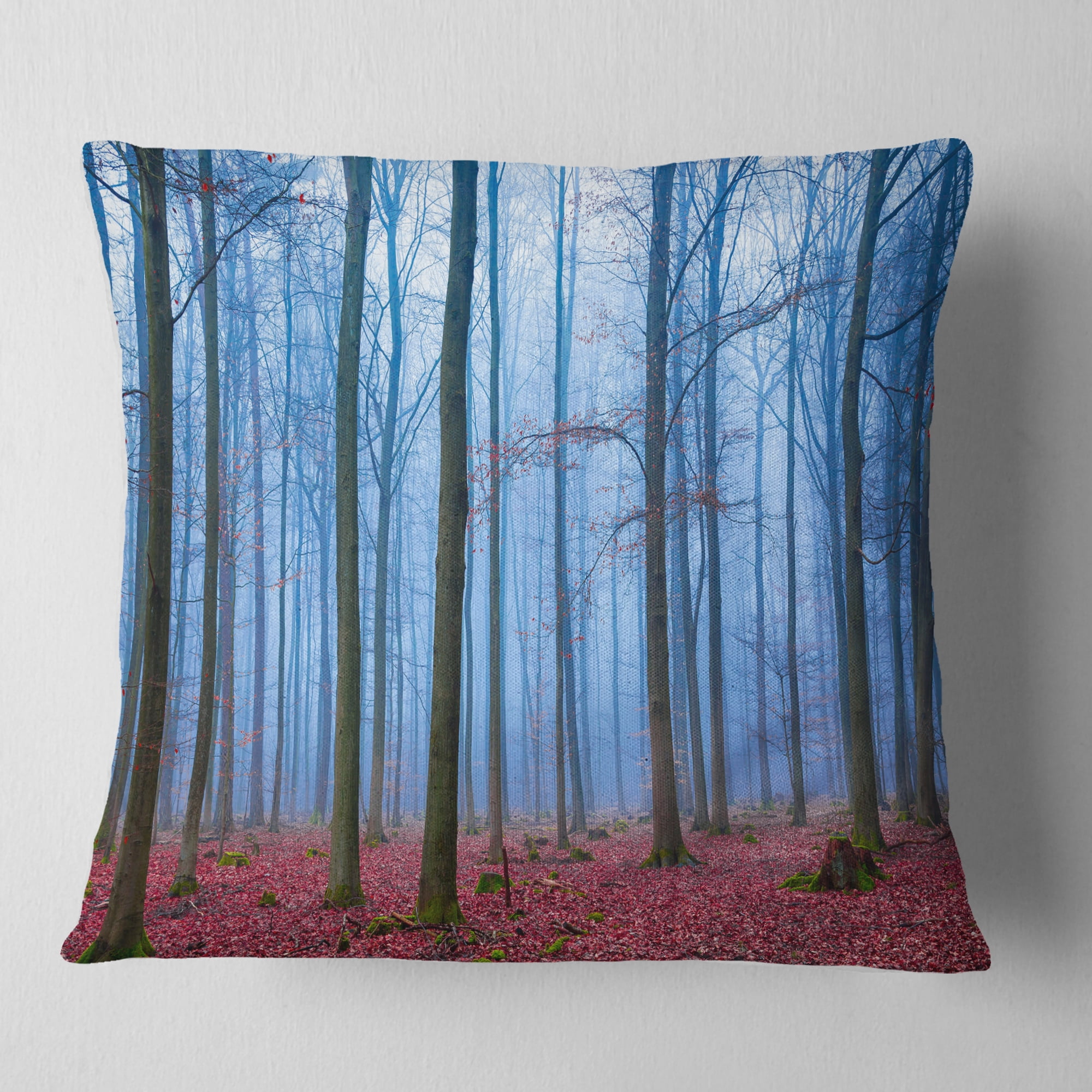 Designart Foggy Forest in Blue and Pink Photo - Modern Forest Throw Pillow - 18x18
