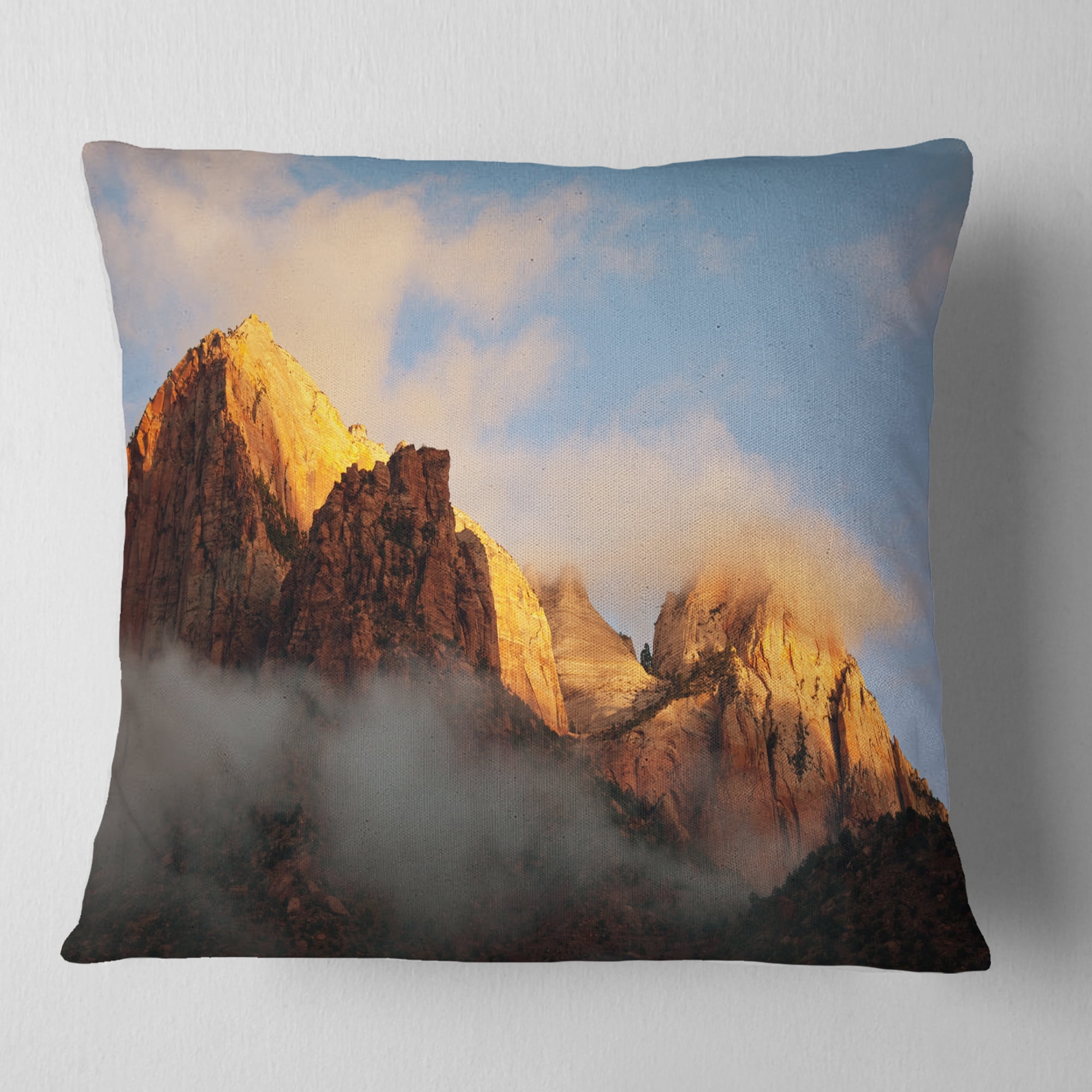 Designart Foggy Hills in Zion National Park - Landscape Printed Throw Pillow - 16x16