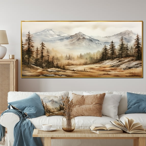 Designart "Foggy Mountain Retreat European Dream I" Oversized Landscapes Framed Wall Art - Traditional Brown Winter Landscape Bedroom Framed Canvas Wall Art