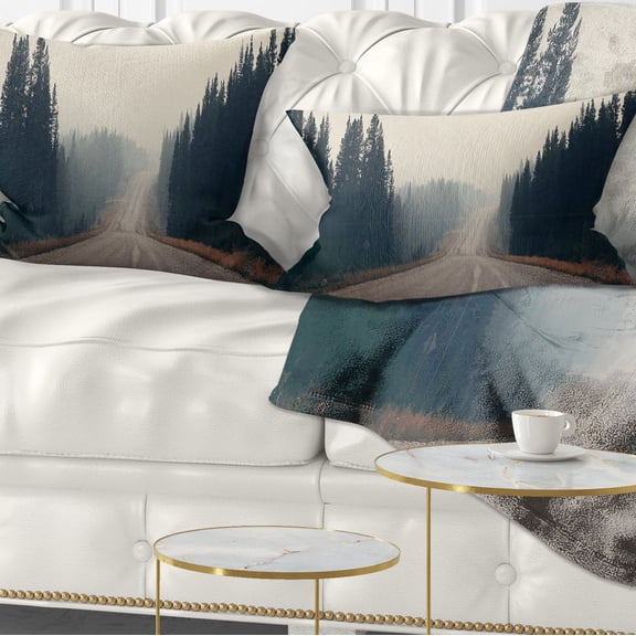 Designart Foggy Road in Forest in Banff Park - Modern Seascape Throw Pillow - 12x20