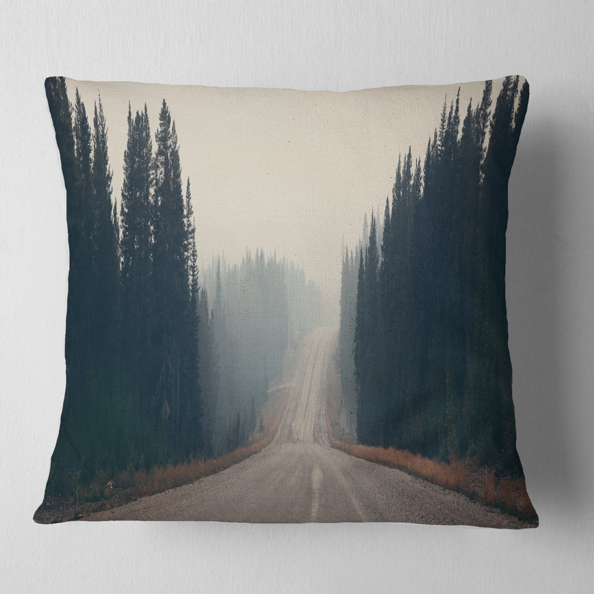 Designart Foggy Road in Forest in Banff Park - Modern Seascape Throw Pillow - 18x18