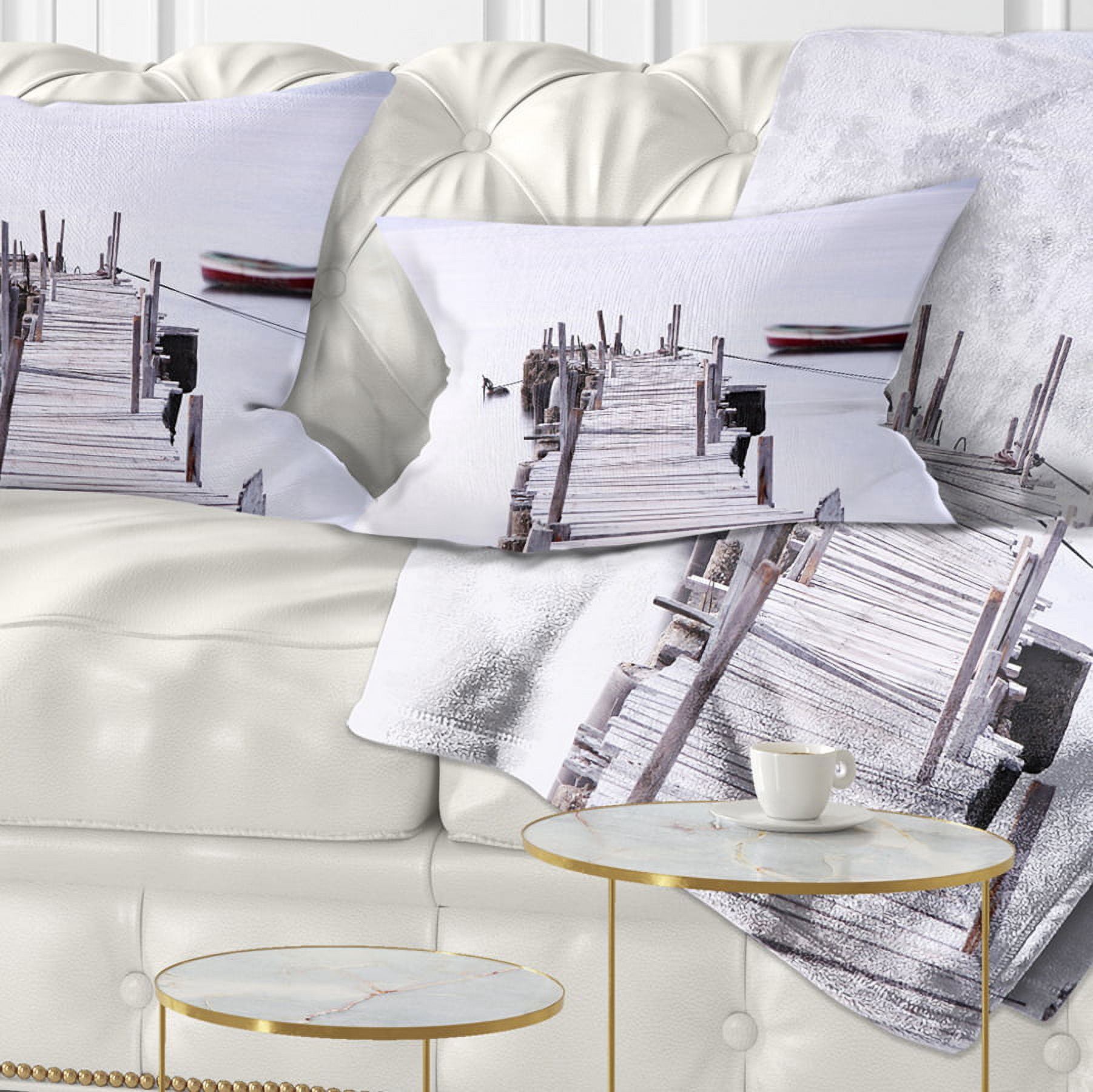 Designart Foggy Sea with Pier and Boats - Seascape Throw Pillow - 12x20