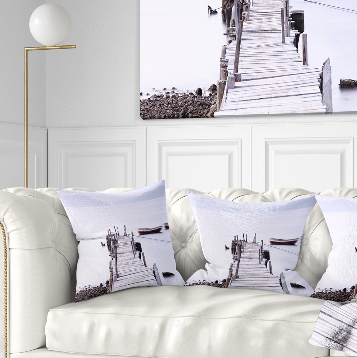 Designart Foggy Sea with Pier and Boats - Seascape Throw Pillow - 16x16