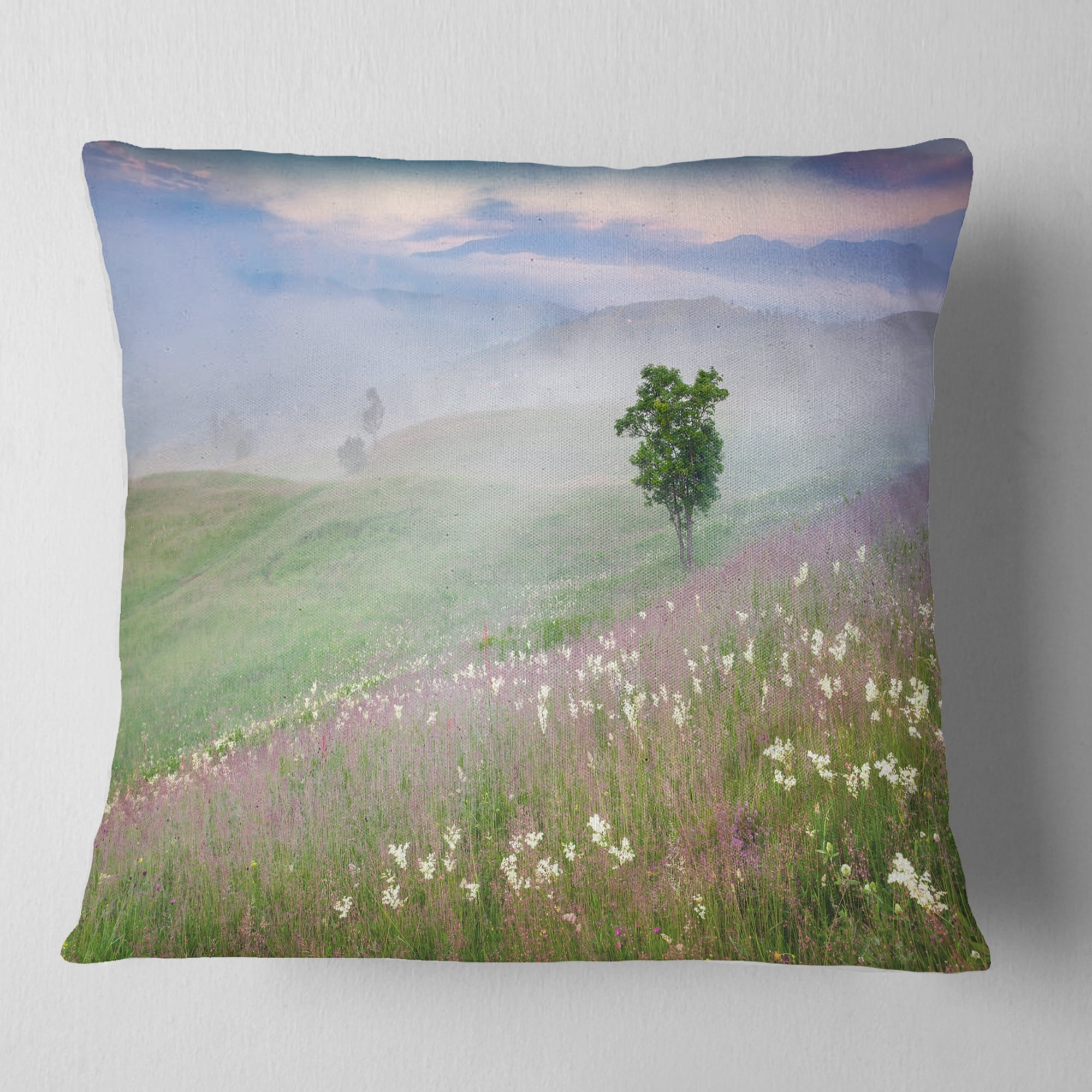 Designart Foggy Summer Morning in Mountains - Landscape Printed Throw Pillow - 16x16