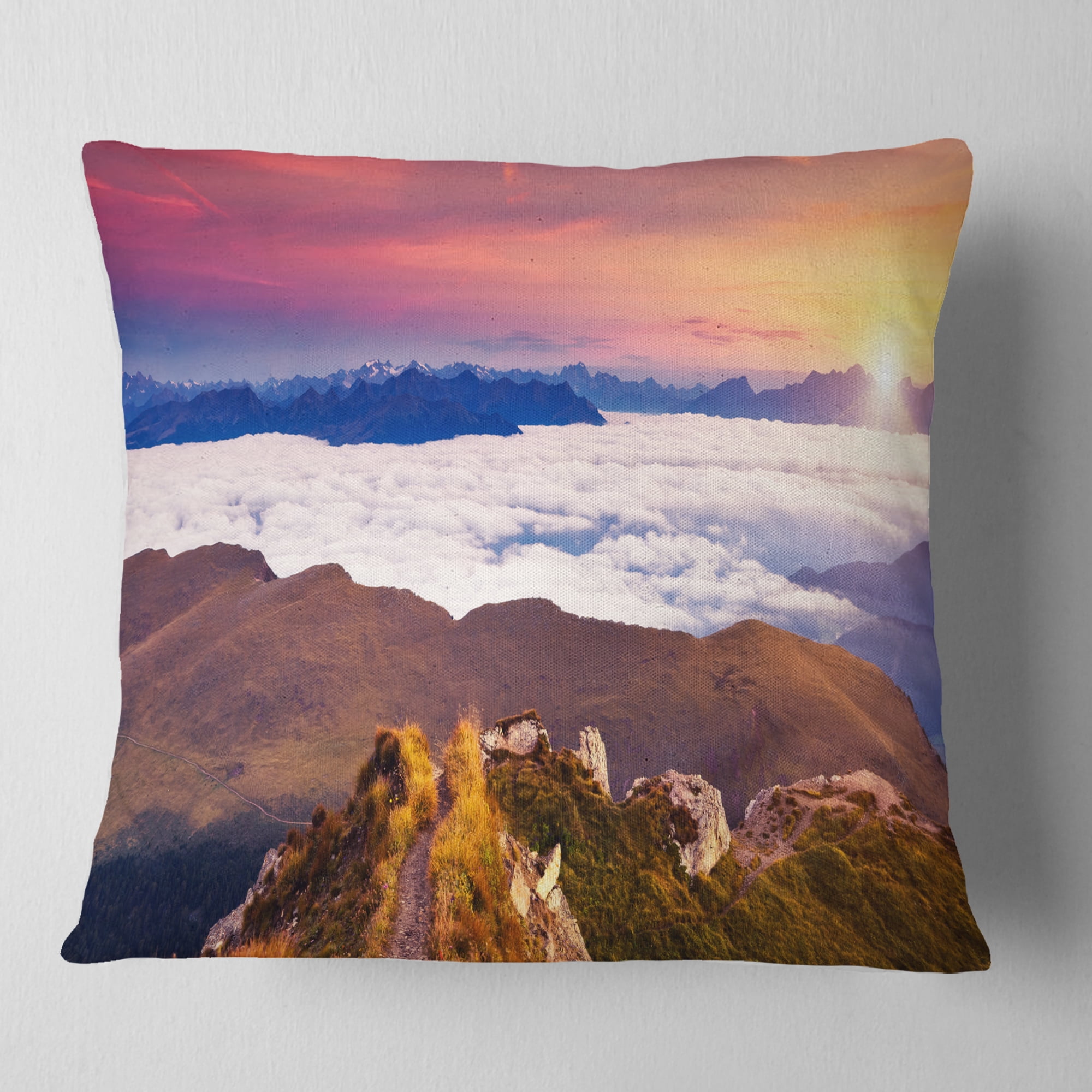 Designart Foggy Val Gardena Valley Panorama - Seashore Throw Pillow - 16x16