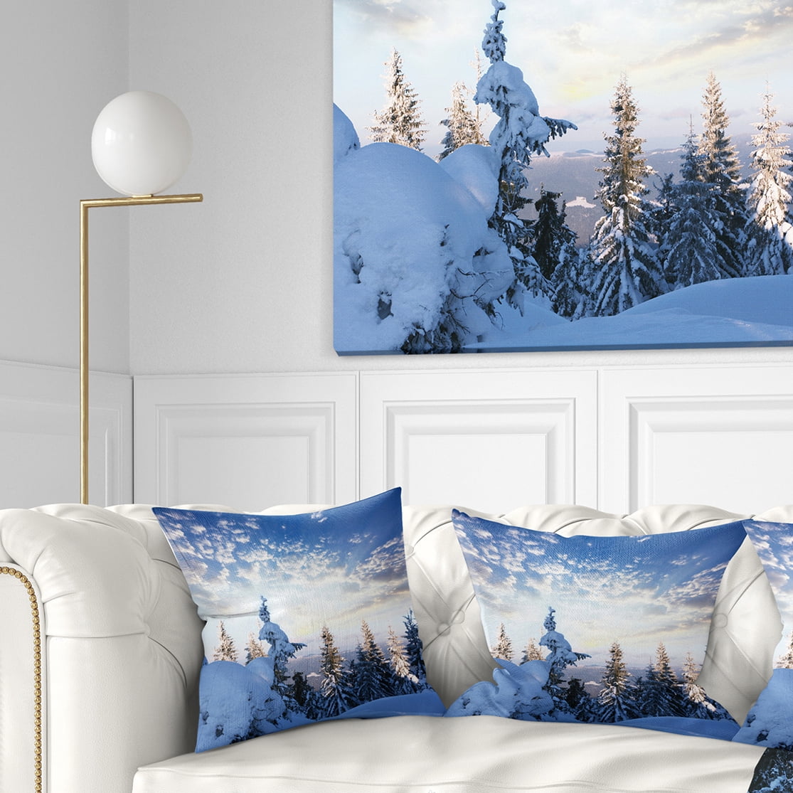 Designart Foggy White Winter Forest - Landscape Wall Throw Pillow - 18x18