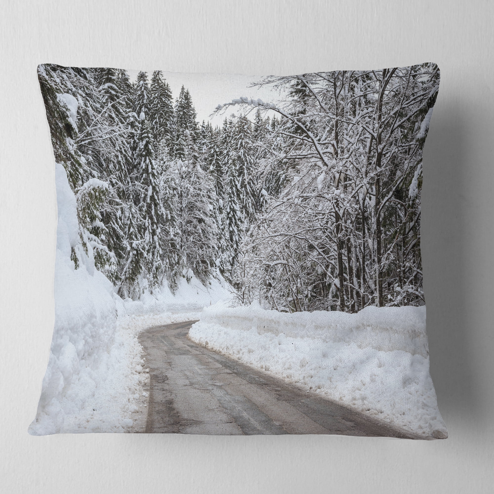Designart Foggy Winter Road in Slovenia - Landscape Printed Throw Pillow - 16x16