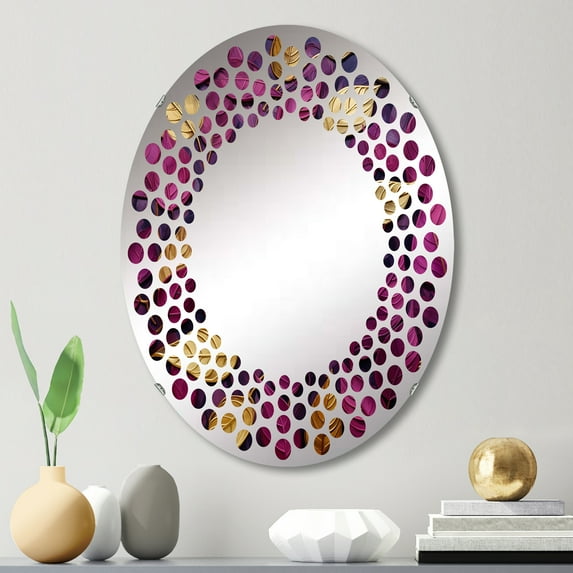Designart "Foliage Adorned with Gold and Pink Charm I" Leaves Polka Dot Round Wall Mirror - Floral Oval Printed Decorative Mirror - Multiple Color Options
