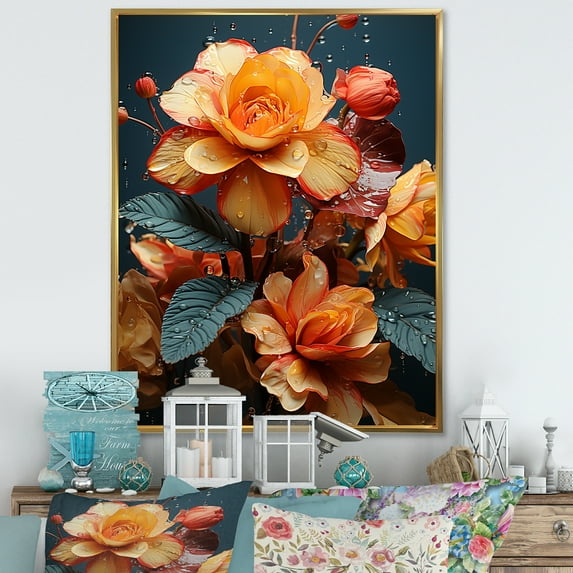 Designart "Foliage Flowers In Tropical Mixed Media" Plants Floater Framed Canvas Art Print