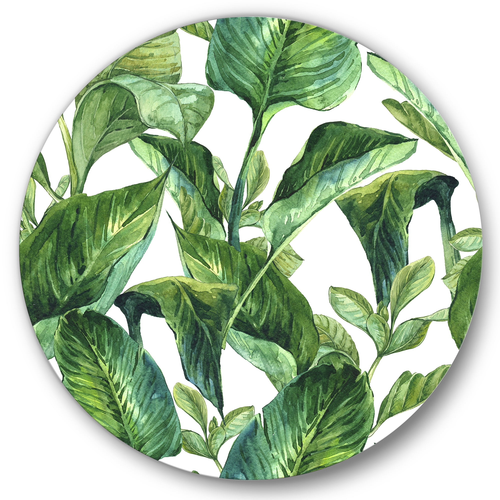 Designart 'Foliage Of Tropical Leaves On White' Tropical Circle Metal Wall Art 29x29 - Disc of 29