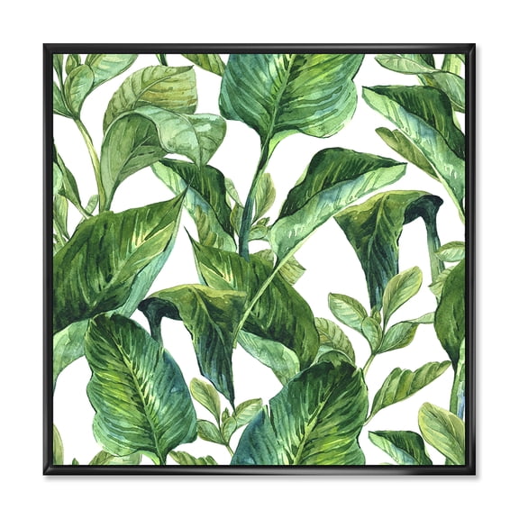 Designart 'Foliage Of Tropical Leaves On White' Tropical Framed Canvas Wall Art Print
