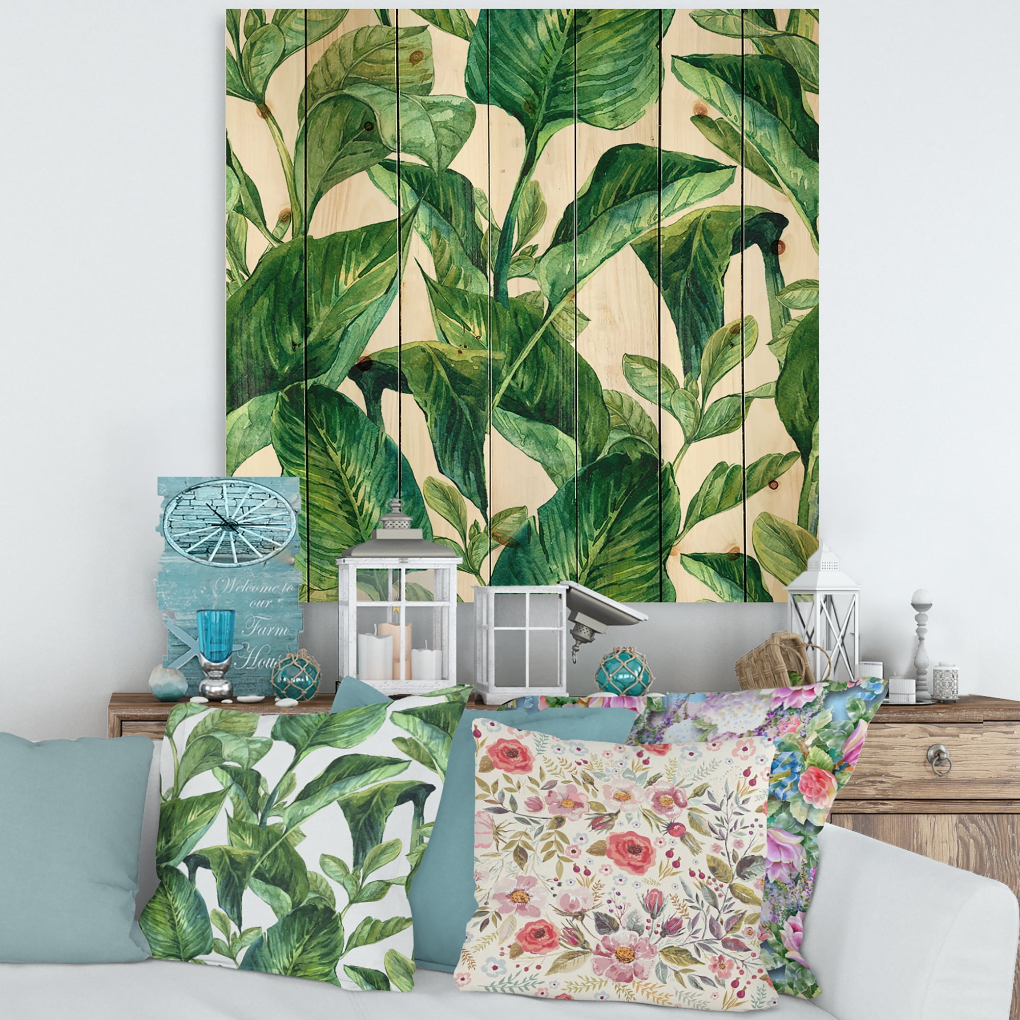Designart 'Foliage Of Tropical Leaves On White' Tropical Print on Natural Pine Wood
