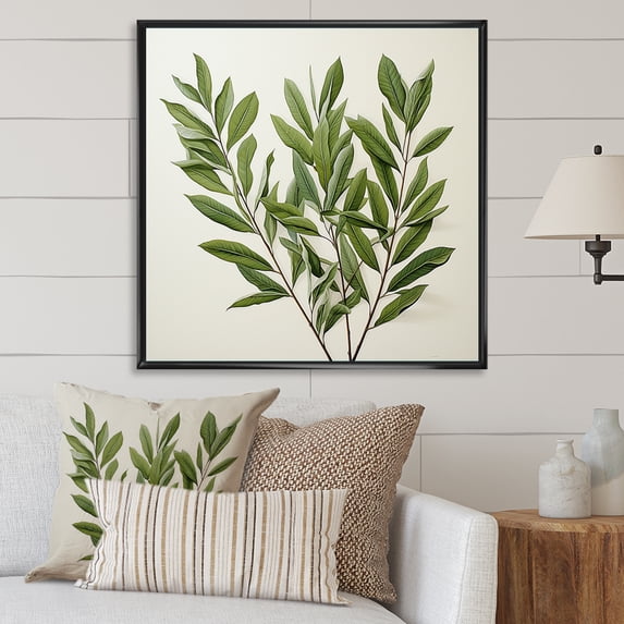 Designart "Foliage Outlined In Olive Minimalism Leaves" Leaves Floater Framed Canvas Art Print