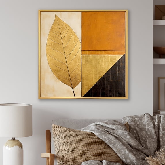 Designart "Foliage With Golden Geometric Elements III" Leaves Floater Framed Wall Decor