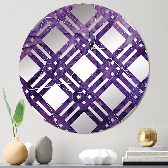 Designart "Foliage with Minimalist Violet Veins I" Leaves Plaid Round Wall Mirror - Floral Oval Printed Decorative Mirror - Multiple Color Options