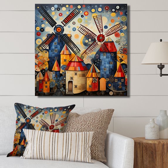 Designart "Folk Art Village with Wind Turbines III" Architecture Wall Art - Industrial Red Wind Turbines Bedroom Canvas Wall Art