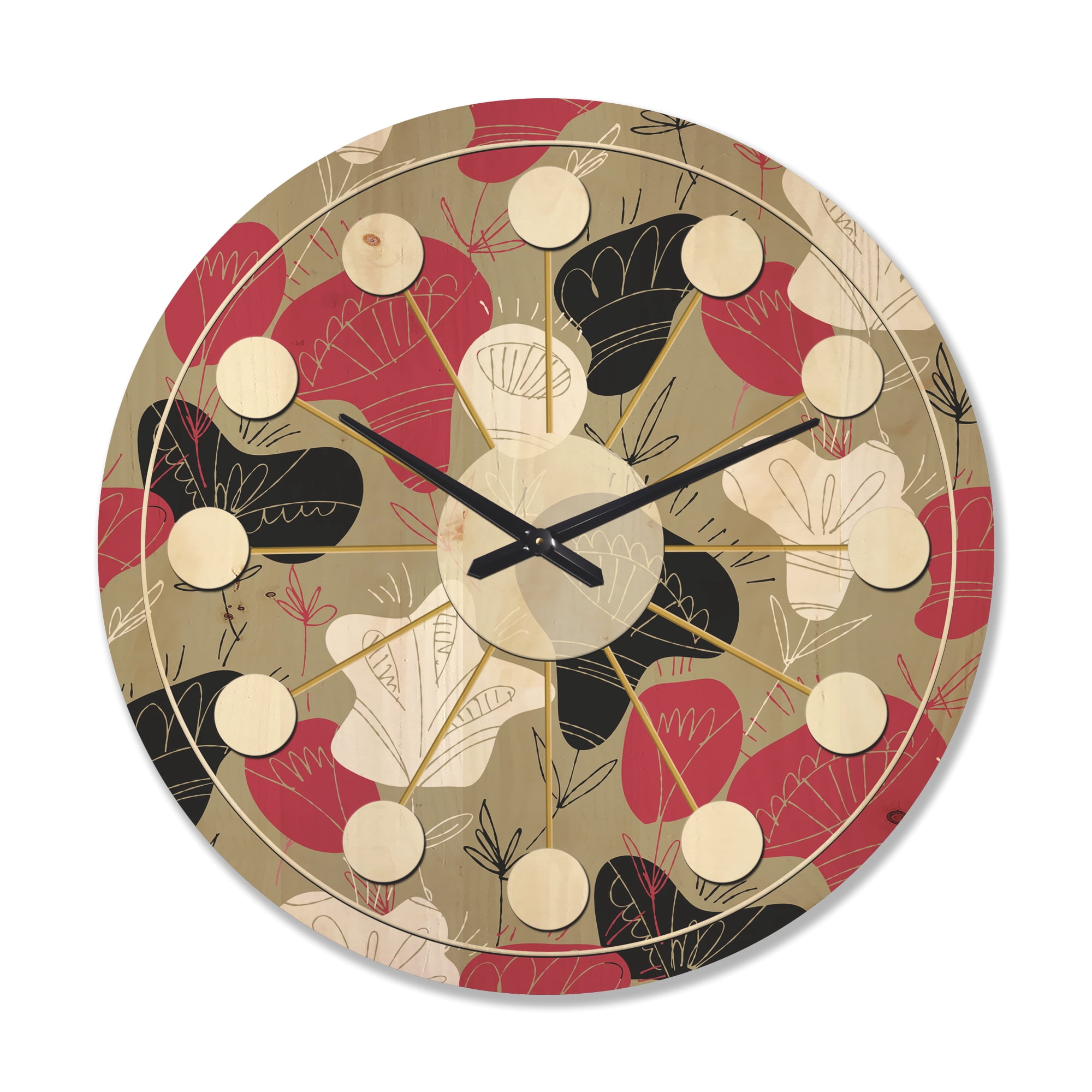 Designart 'Folk Flowers Retro Pattern' Mid-Century Modern Wood Wall Clock