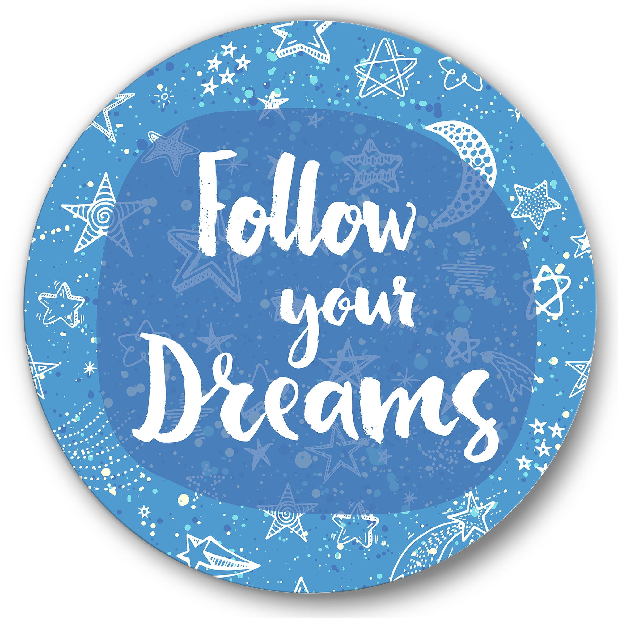 Designart 'Follow Your Dreams On Blue II' Modern Circle Metal Wall Art 36x36 - Disc of 36