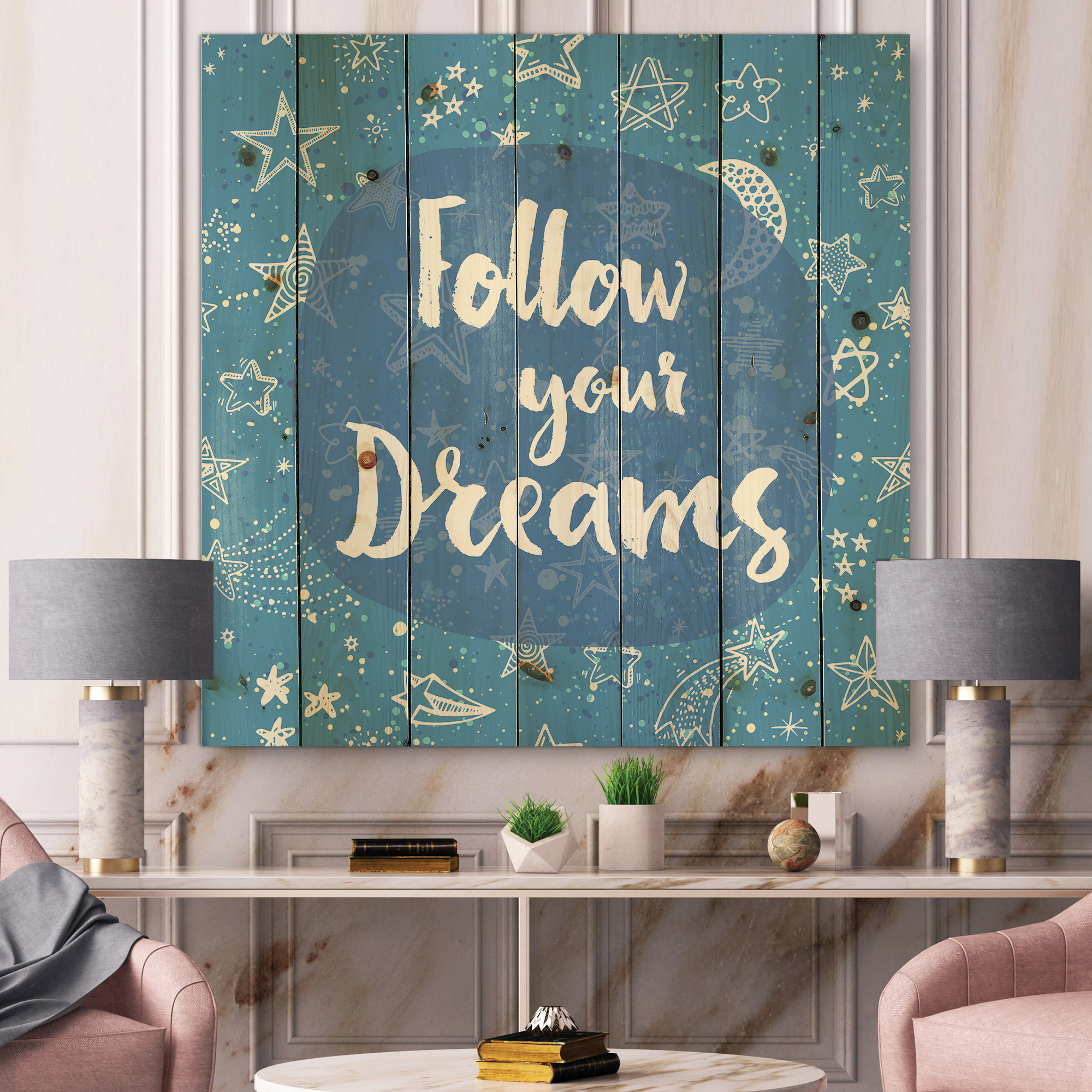 Designart 'Follow Your Dreams On Blue II' Modern Print on Natural Pine Wood