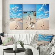 Designart "Footprints In Beach Photo III" Landscape & Nature Wall Art Set Of 3 - Beige Beach Gallery Wall Set For Home Decor