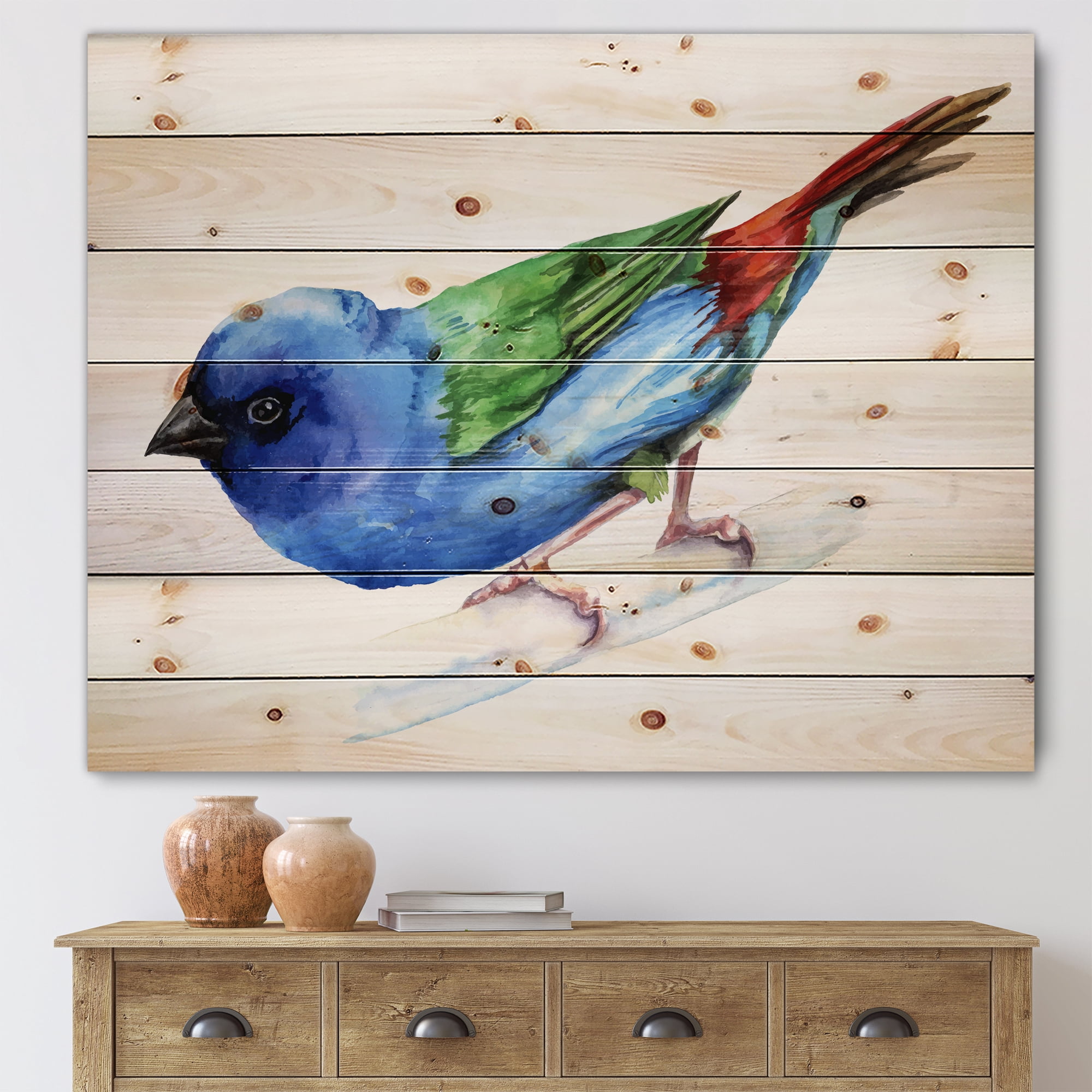 Designart 'Forbes Finch Bird On Branch' Traditional Print on Natural Pine Wood