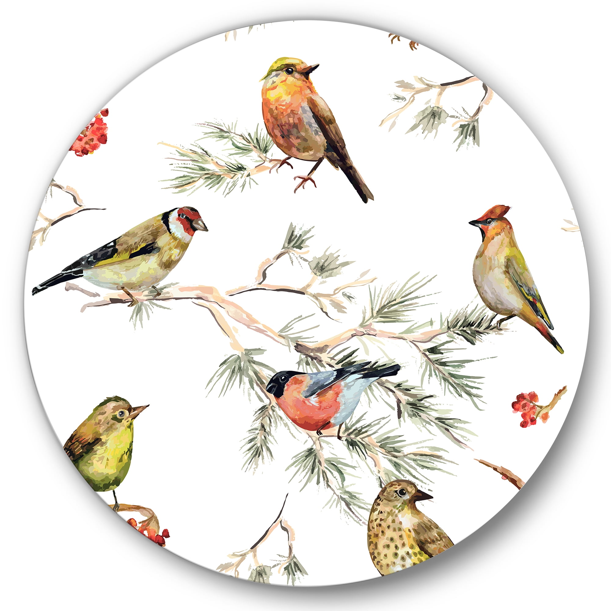Designart 'Forest Birds Sitting On Branches' Traditional Circle Metal Wall Art 11x11 - Disc of 11