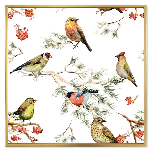 Designart 'Forest Birds Sitting On Branches' Traditional Framed Canvas Wall Art Print