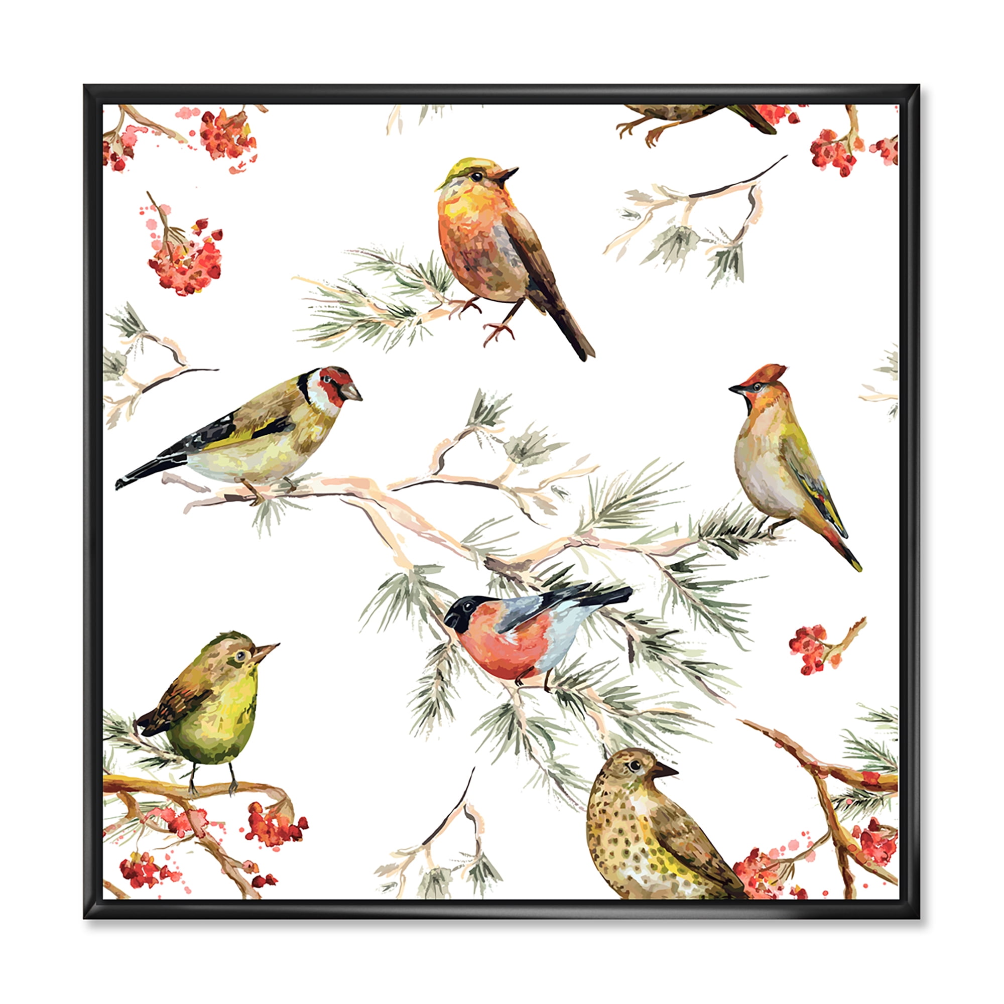 Designart 'Forest Birds Sitting On Branches' Traditional Framed Canvas Wall Art Print