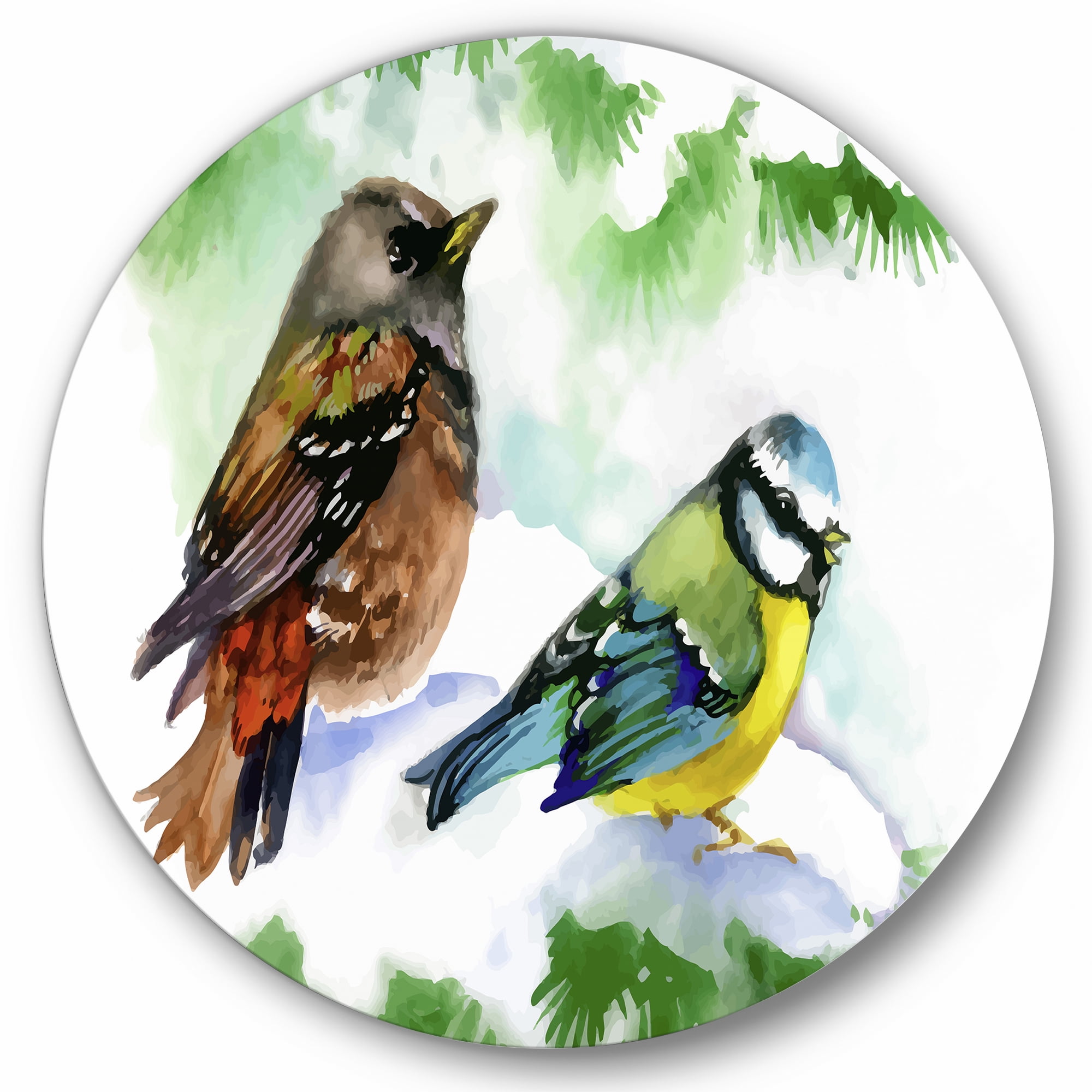 Designart 'Forest Birds Sitting On Snowy Fir Tree Branch' Traditional Circle Metal Wall Art 11x11 - Disc of 11