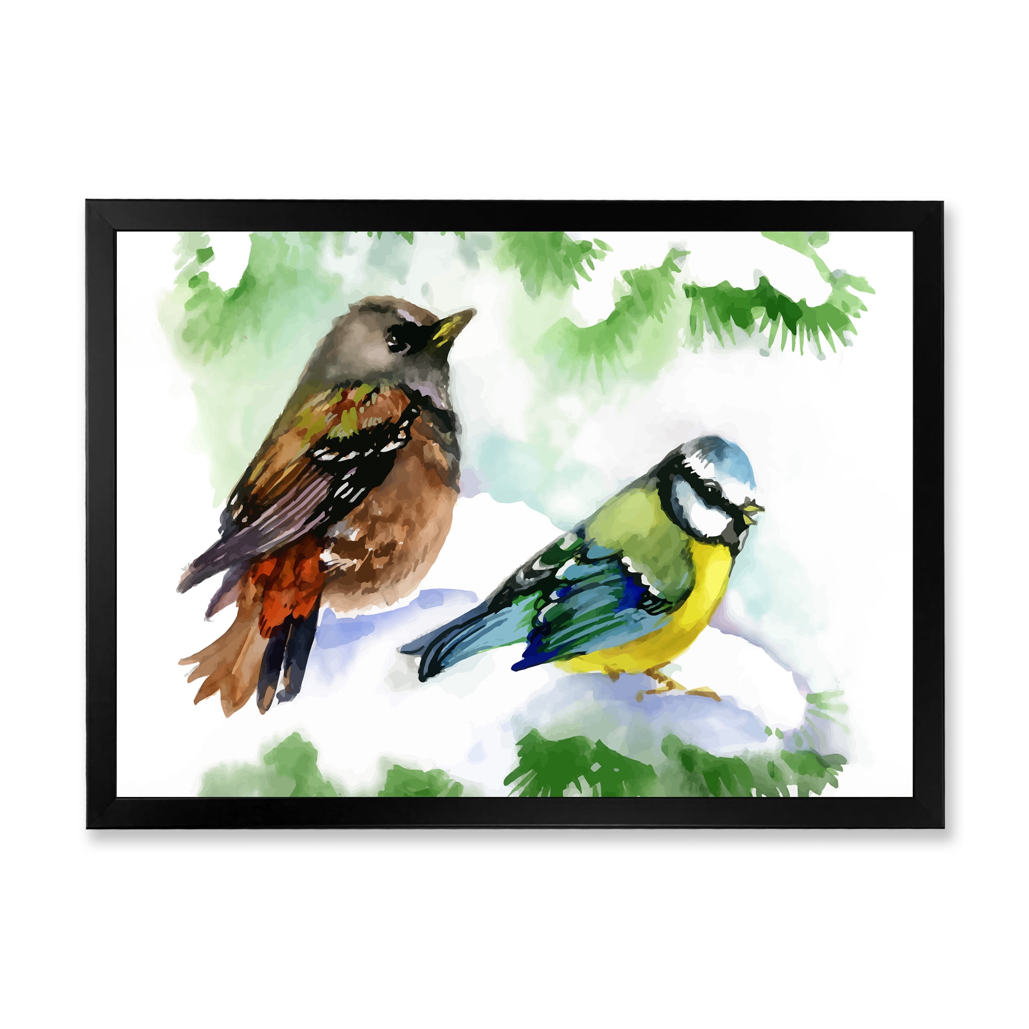 Designart 'Forest Birds Sitting On Snowy Fir Tree Branch' Traditional Framed Art Print