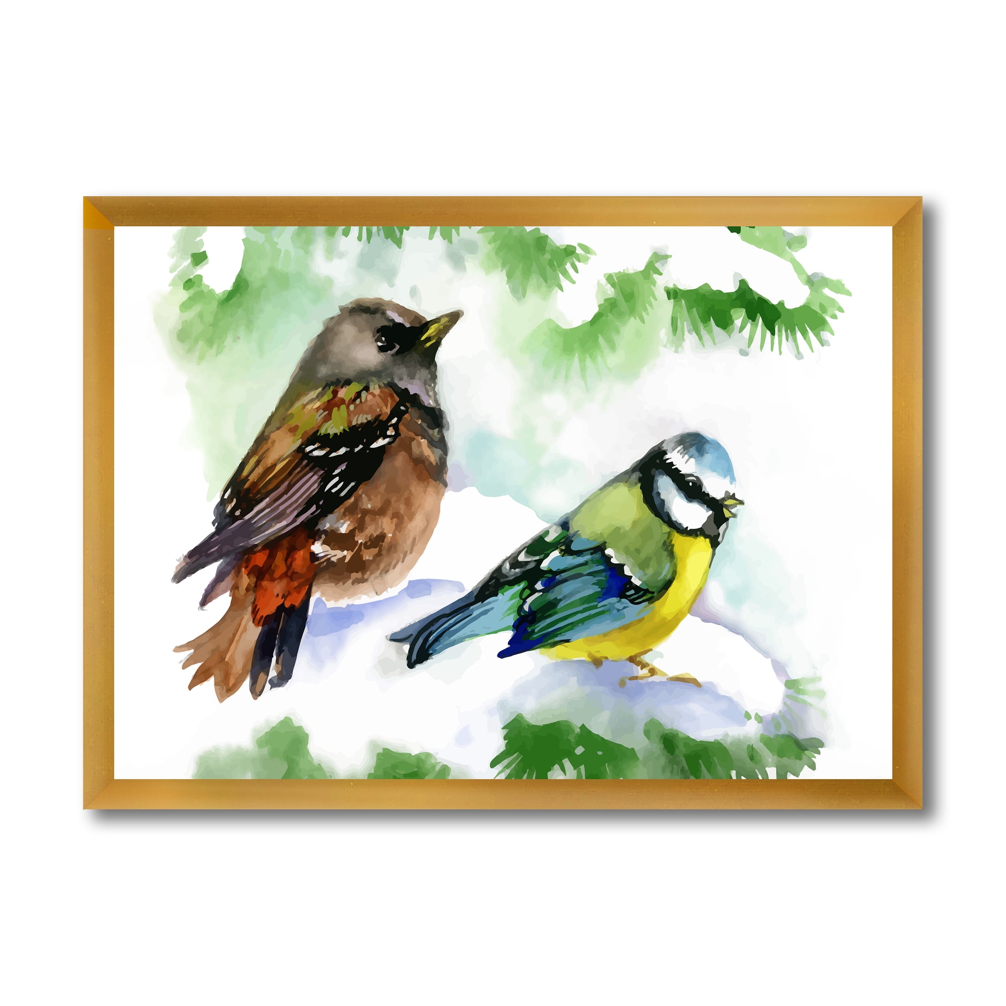Designart 'Forest Birds Sitting On Snowy Fir Tree Branch' Traditional Framed Art Print