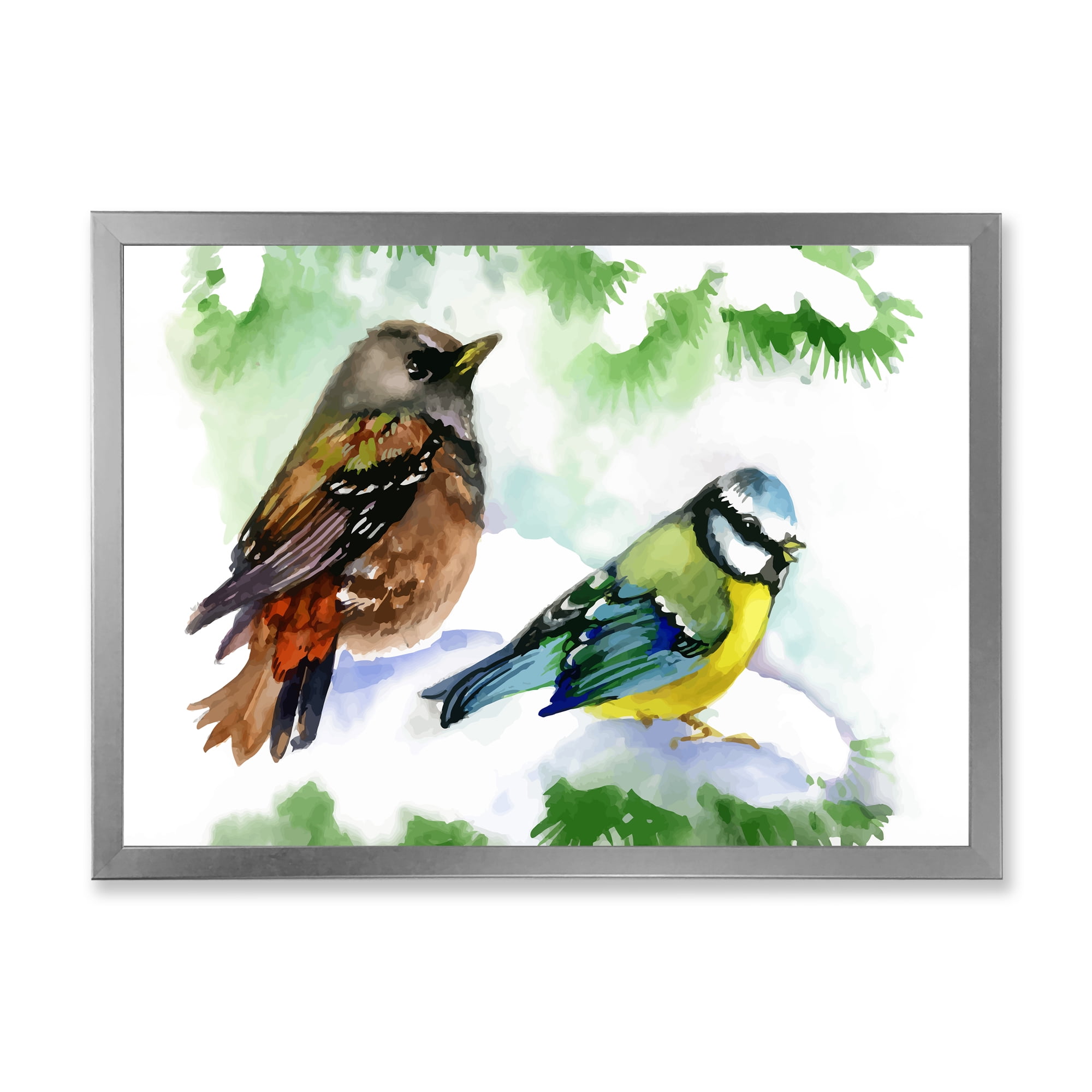 Designart 'Forest Birds Sitting On Snowy Fir Tree Branch' Traditional Framed Art Print