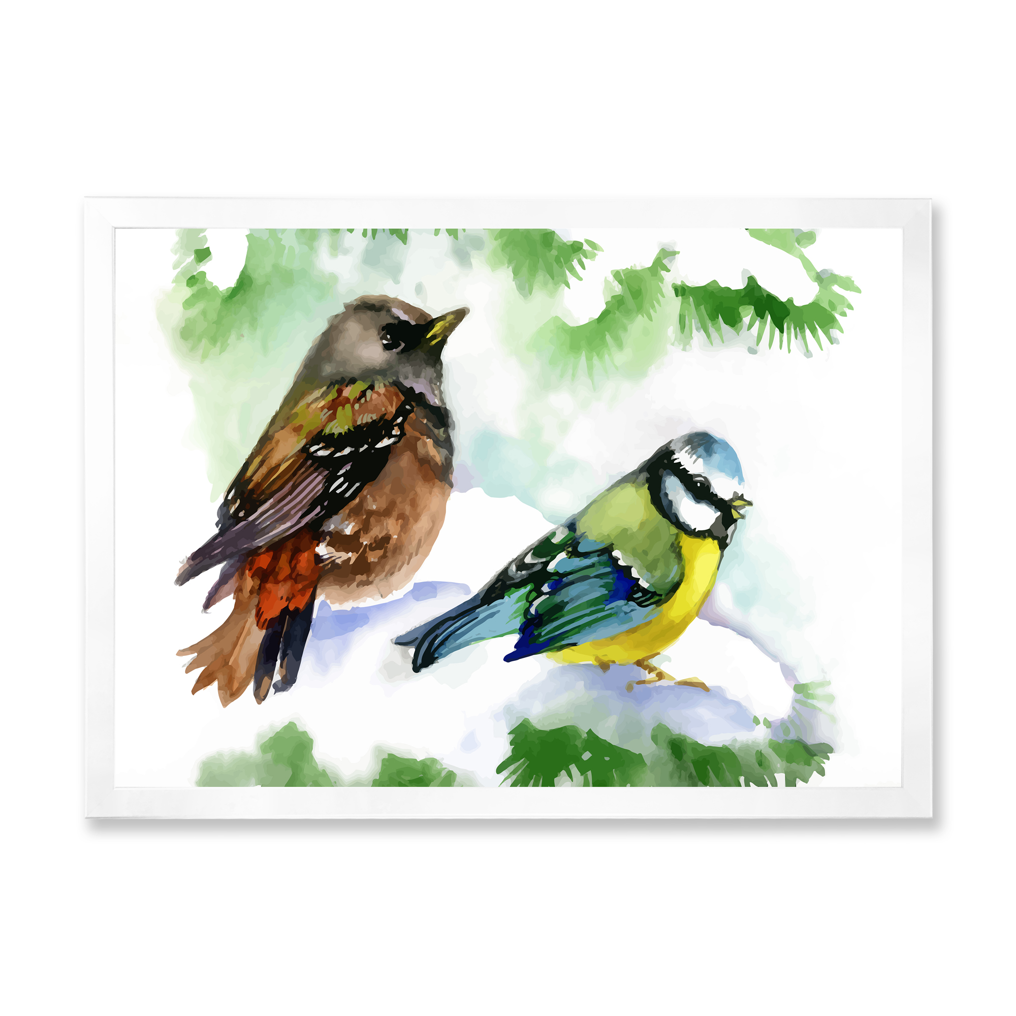 Designart 'Forest Birds Sitting On Snowy Fir Tree Branch' Traditional Framed Art Print